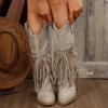 Autumn and Winter Women Pointed Toe Fringes Thick Heel High Boots Plus Size Fashion Retro Rivet Belt Buckle Zipper Mid-Calf Boot