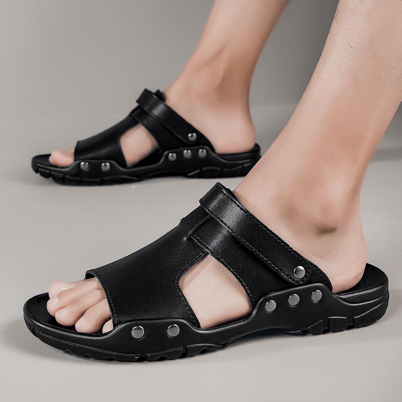 2024 Лето Новые Мужские Универсальные Модные Повседневные Кожаные Туфли Сандалии Простые Удобные Нескользящие Пляжные Туфли