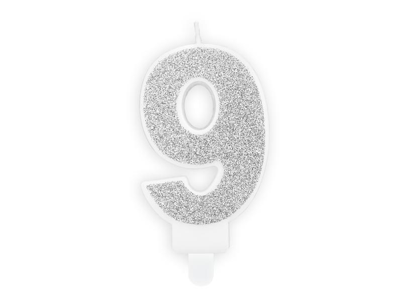 Birthday candle, number 9, silver, 7cm