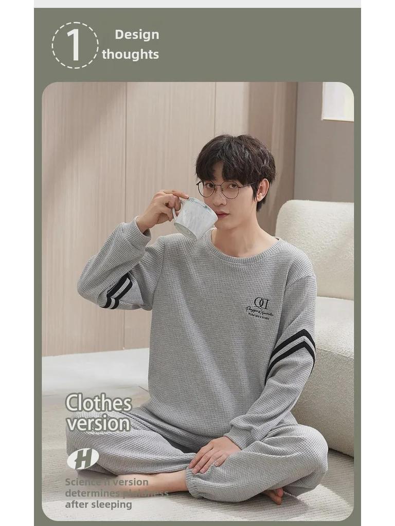 Мужская свободная вафельная пижама с рисунком из мультфильма - длинный рукав, чистый хлопок, большой размер