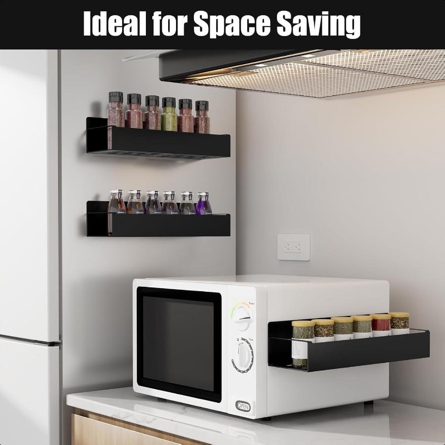 Магнитная полка для специй для холодильника, органайзер для кухни для организации и хранения, 4 штуки, черная металлическая полка с 8 перемещаемыми крючками