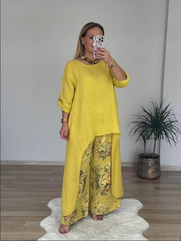 Комплект женский европейского и американского стиля из хлопка и льна: асимметричный топ и брюки широкого кроя, 2025