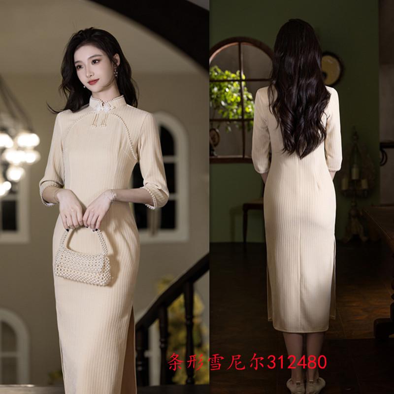 Элегантная модная молодая девушка вельветовый cheongsam с рукавами средней длины зимний новый улучшенный новый китайский cheongsam юбка