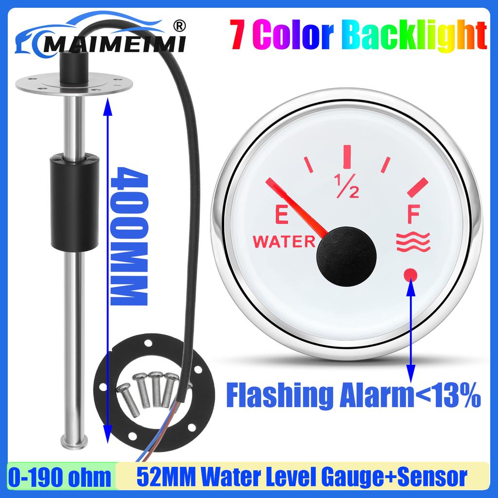 100~550mm Water Level Float Sensor 0-190ohm 52mm Water Level Gauge with Flash Alarm 7Color Light for Auto Car Boat Yacht 12V24V