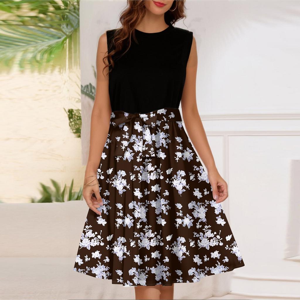 Женское модное повседневное короткое платье без рукавов со шнуровкой и круглым вырезом