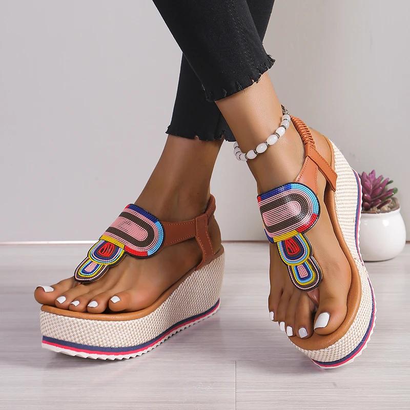 Fashion 2024 Women's Shoes Flip Flops Women's Sandals Outdoor Casual Sandals Women Mixed Colors Elastic Band Platform Wedges Shoes Women