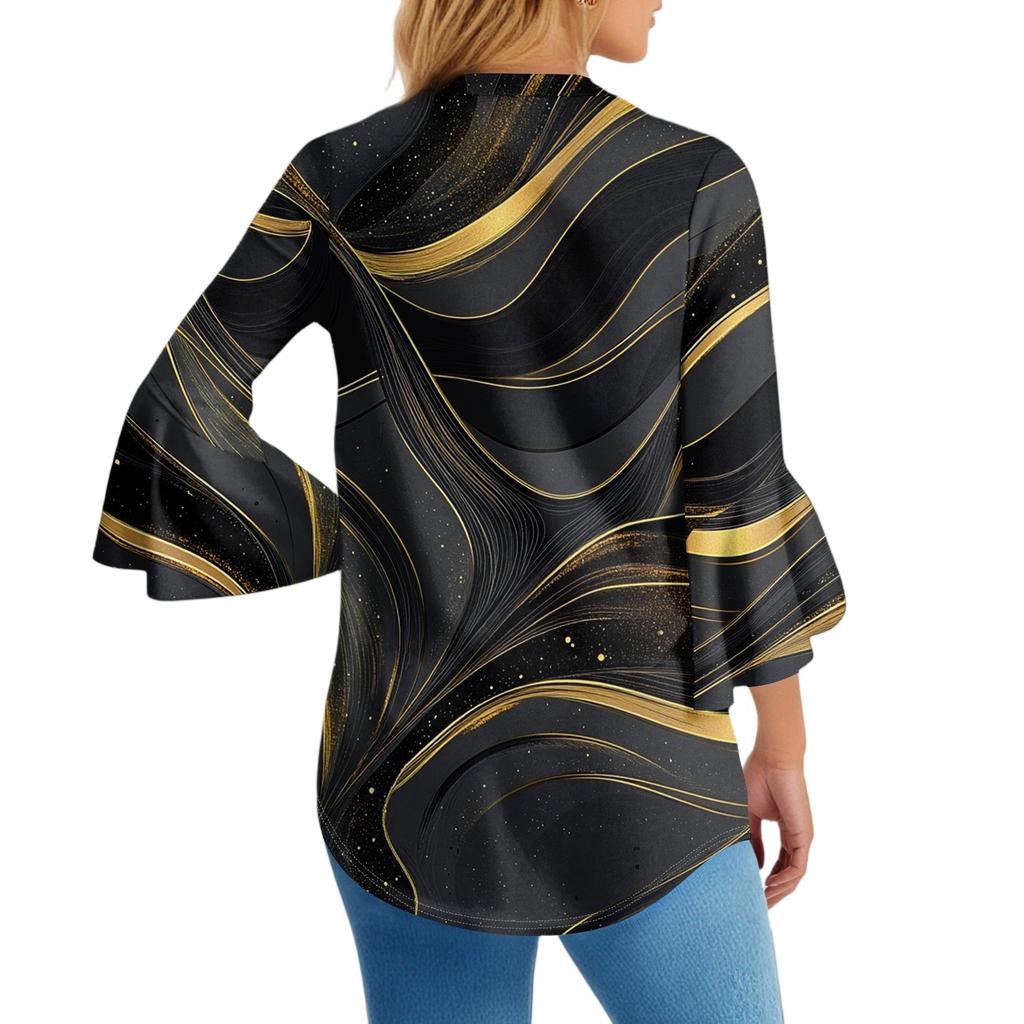 Блузки для женщин нарядные повседневные рукав 3/4 женские топы футболки с V-образным вырезом рубашки с расклешенным рукавом