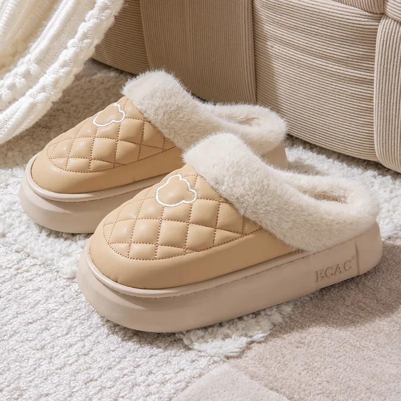 Fashion Women Fur Fuzzy Slippers Outdoor Waterproof Plush Lined Slides Indoor Antiskid Platform Cotton Shoes Fluffy House Slipper