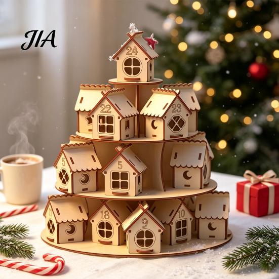 Christmas Party Decoration Wooden Advent Calendar, 24 House Countdown Display Stand with Tree Calendar Shape, Festive Holiday Tabletop Shelf