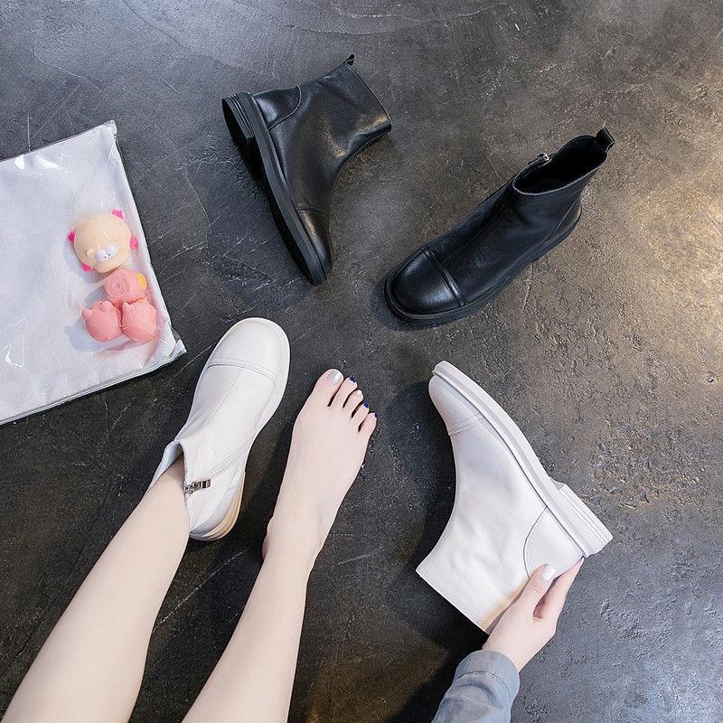 Low-top Leather Martin Boots Women's Autumn and Winter New Single Boots Casual Versatile Flat-bottomed Velvet Short Boots