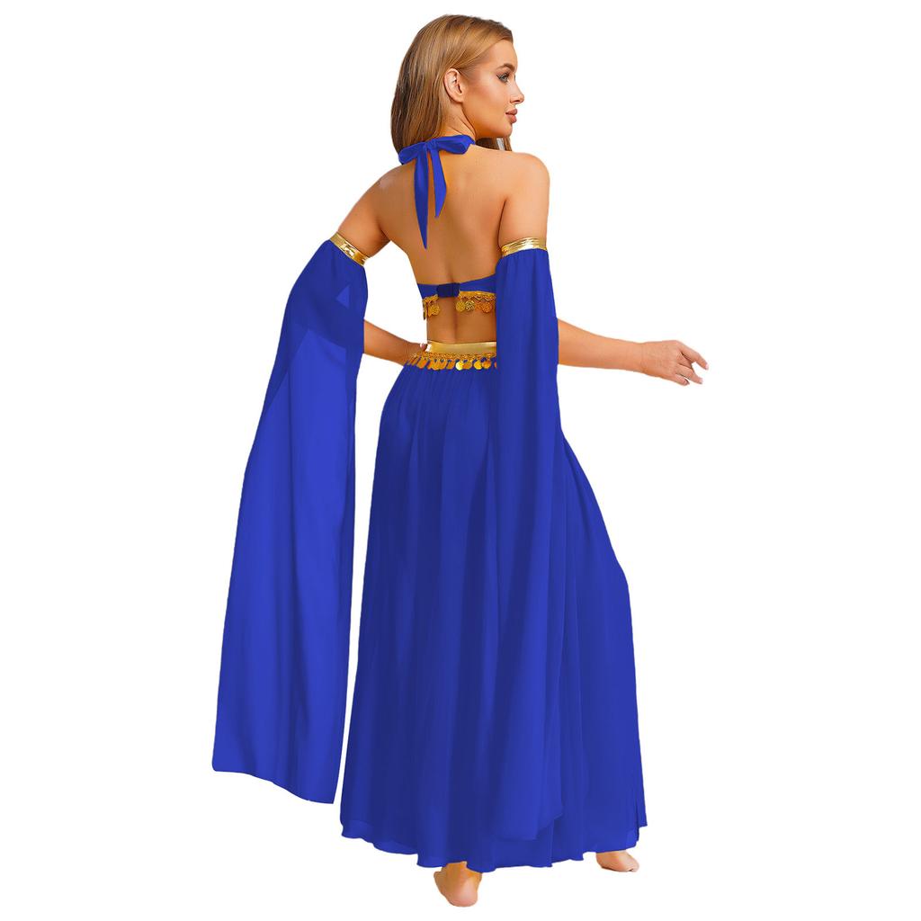 Women's Belly Dance Costume Set: Self-Tie Halter Crop Top with Built-In Briefs & Side Slit Chiffon Skirt + Removable Split Sleeves
