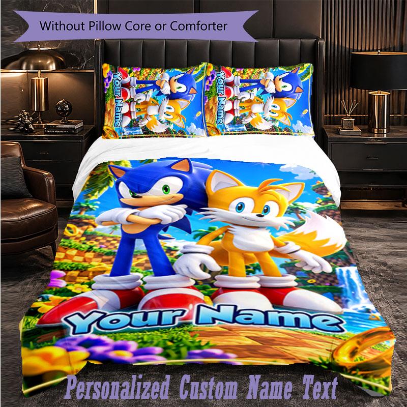 Personalized 3Pcs Bedding SetSonic Custom Text Duvet Cover Pillowcase Set Bedroom Gift
