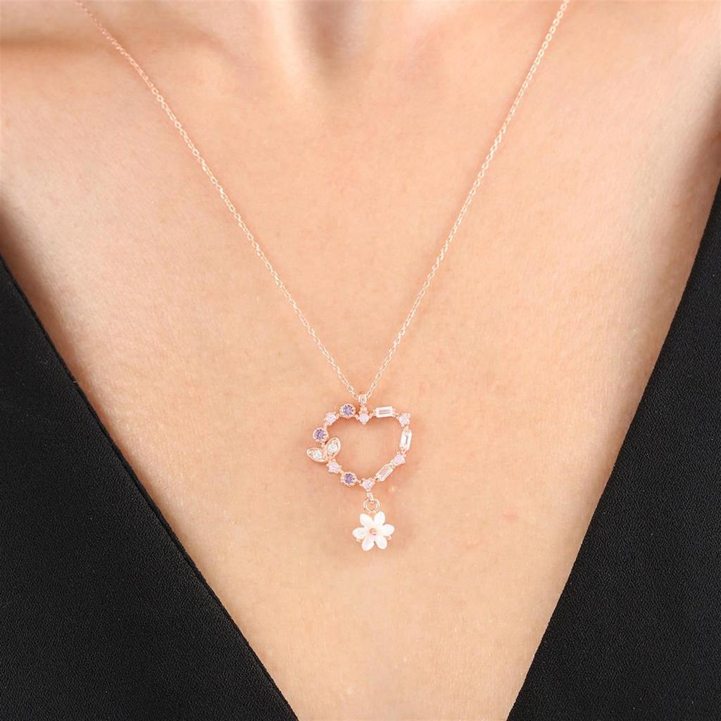 Magnolia Flower Mix Stone Heart Bead Rose Color Flowers Silver Necklace