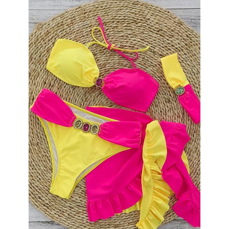 Beach Bikini Set with Skirt & Halter Top, Women's Diamond Swimsuit, Two-Tone Adjustable Bathing Suit