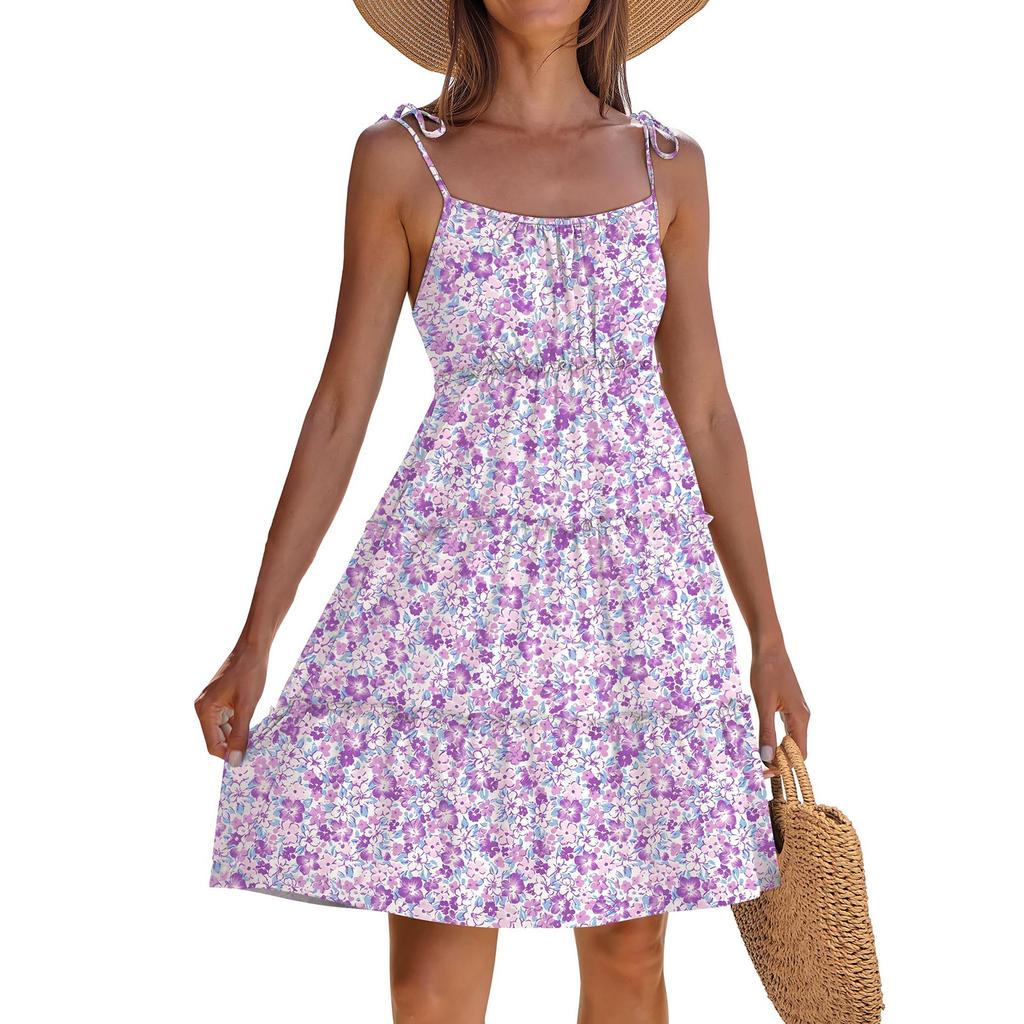 Женское летнее повседневное платье без рукавов на тонких бретельках в стиле бохо с многоярусными оборками, струящееся короткое пляжное платье-сарафан