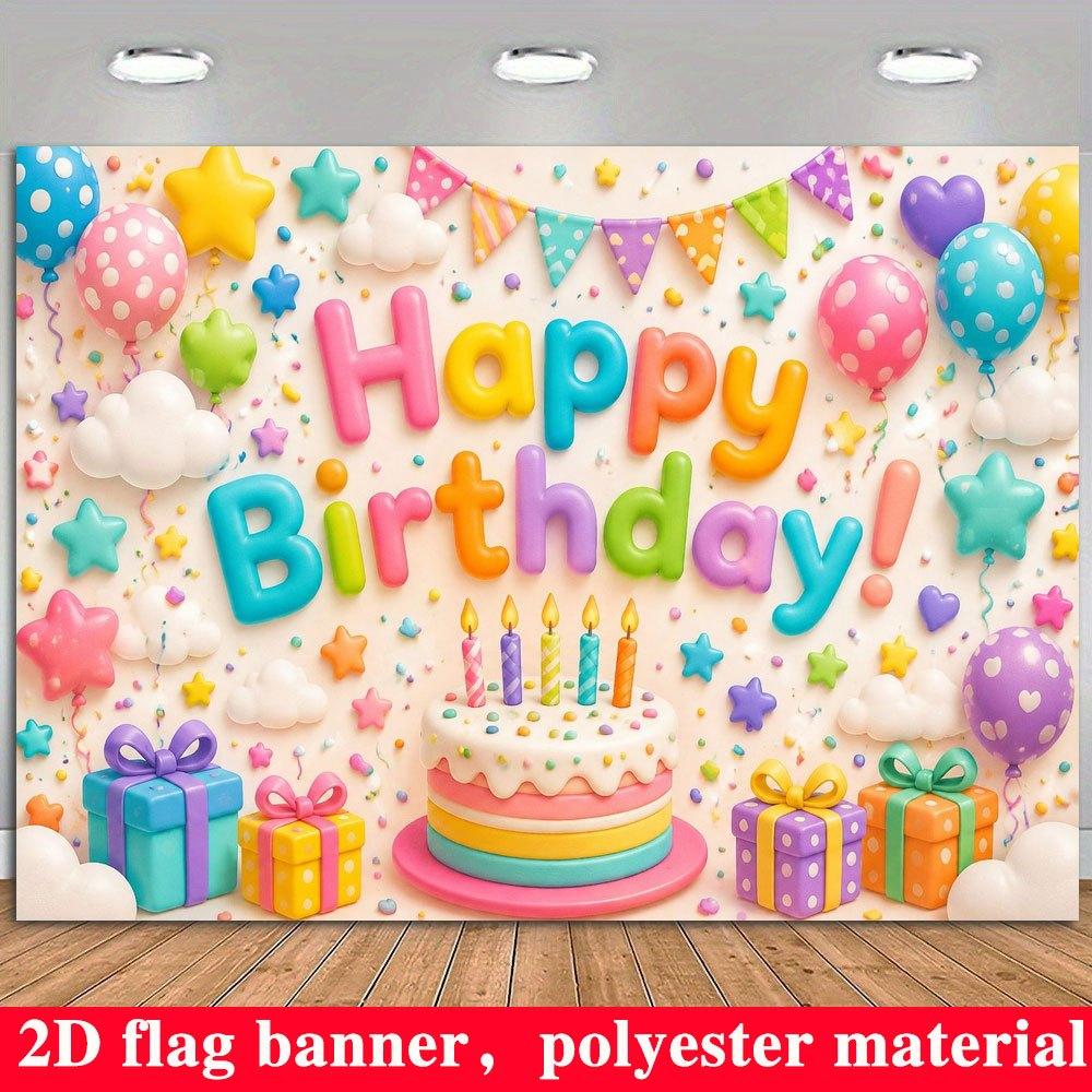 2D Flat Banner, Birthday Backdrop, Cake, Balloons, Gift Boxes, Stars, Polyester
