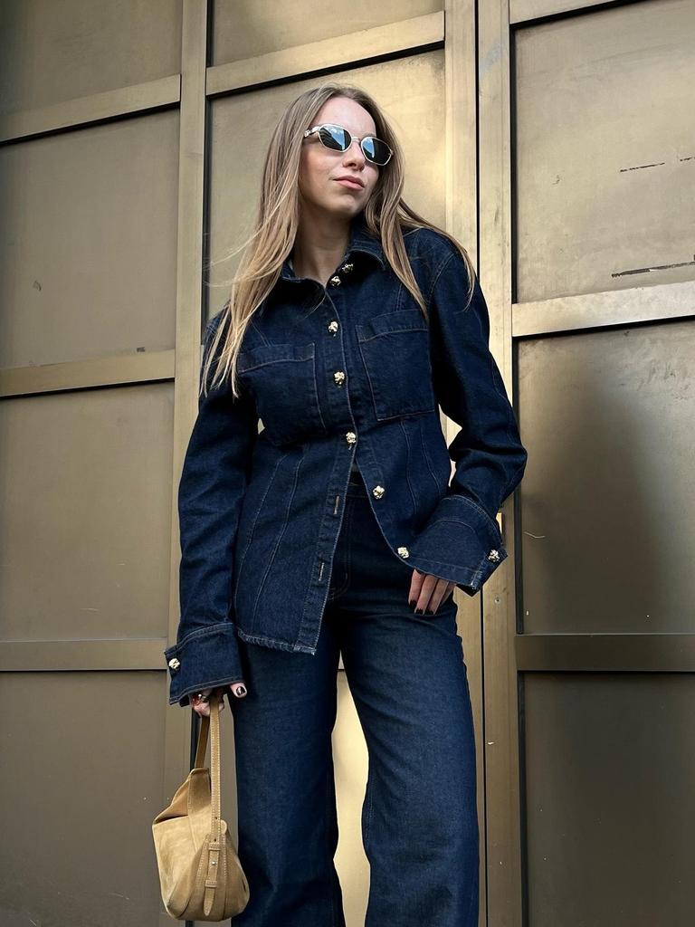 Spring 2025 Euro-American Style Women's Denim Shirt and Pants Set with Lapel Design