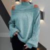 Women Fall Winter Sweater Off Shoulder Long Sleeve Half-high Collar Hollow Out Solid Color Loose Knitted Pullover Elastic Soft Warm Lady Top