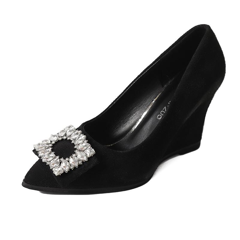 Fashion Shallow Wedge Single Fall New Pointed Toe Rhinestone Square Buckle Slip Foot Anti-Slide Heel Low Top Shoes
