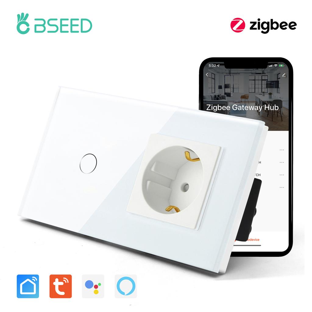 Bseed New Zigbee Single Live 1/2/3 Gang Touch Switch EU Standard With Normal Socket 4 Color Crystal Glass Panel Smart Home