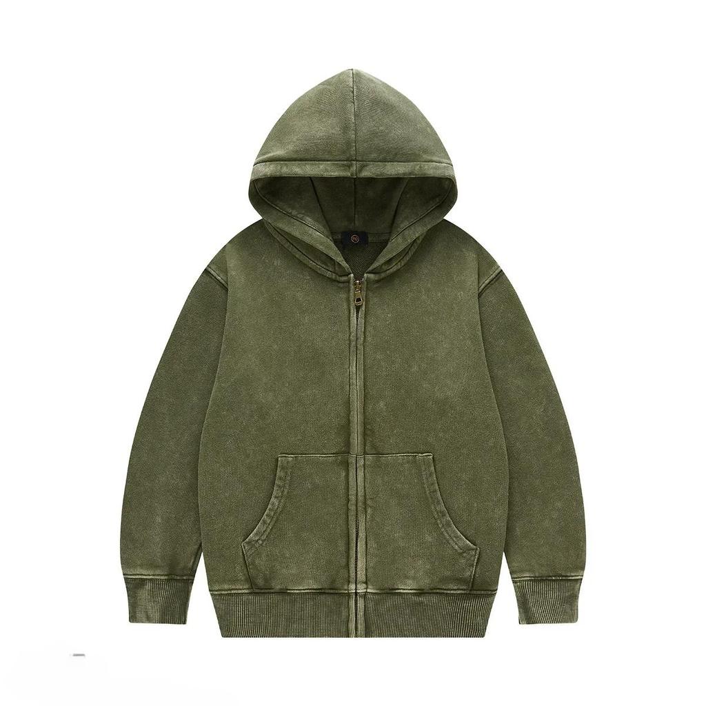 Детская верхняя одежда 2025 Осень Модные Крутые 350г махровый хлопок Винтажные толстовки на молнии Мальчики Девочки Повседневные Спортивные топы Детская одежда