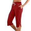 Women Cropped Pants Elastic Waist Adjustable Drawstring Solid Color Mid-calf Length Pants with Pockets Daily Wear