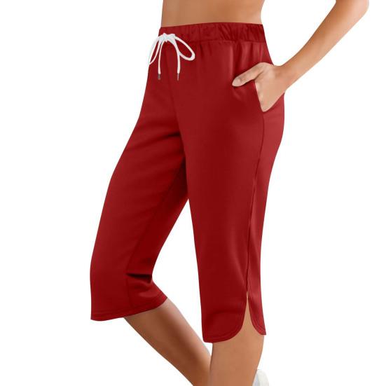 Women Cropped Pants Elastic Waist Adjustable Drawstring Solid Color Mid-calf Length Pants with Pockets Daily Wear