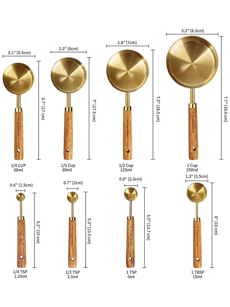 Leeseph 8 Piece Coffee Gold Measuring Cups Set and Measuring Spoons, Wood Handle Measuring Cups, Coffee Spoon Measuring Tools