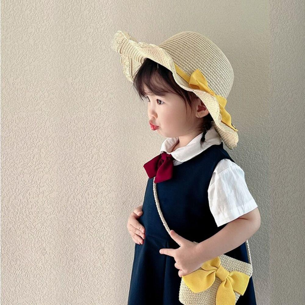 Детская сумочка с бантом из ленты, сумки в том же стиле, кепка для девочки в корейском стиле, солнцезащитная шляпа, детская соломенная шляпа