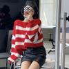 KOSY Полосатый укороченный свитер в корейском стиле Женский винтажный вязаный джемпер оверсайз Женский осенний с длинным рукавом и вырезом лодочкой Пуловеры Топы