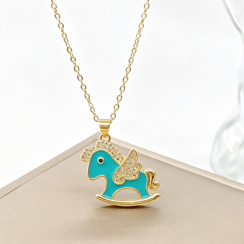 Gold Plated Cute Enamel Rocking Horse Pendant Necklace Zircon Winged Unicorn Necklace For Women Kids Party Birthday Jewelry Gift
