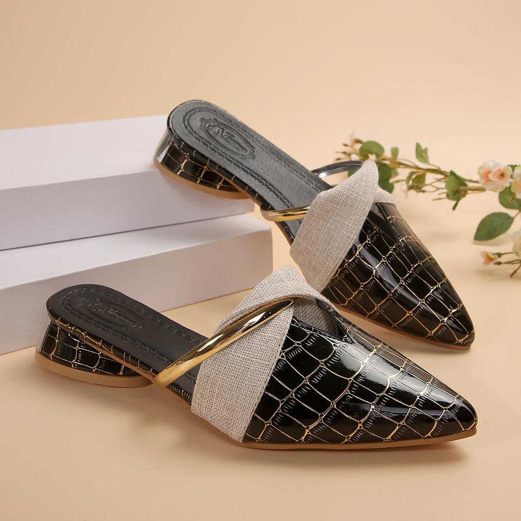 Тапочки, летняя женская обувь, новая французская полусумка с V-образным вырезом и толстым каблуком с заостренным носком