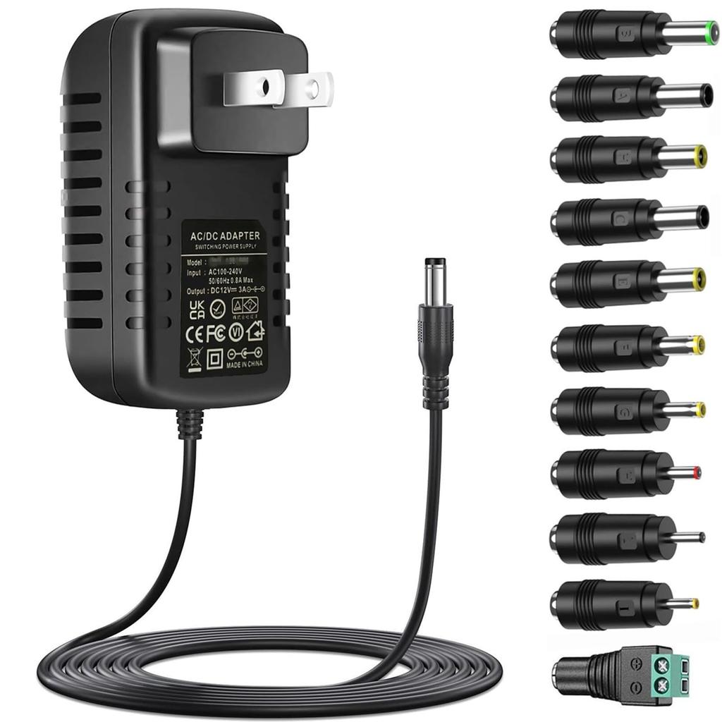 General Purpose 12V 3A AC Adapter DC12V Power Supply Compatible with 1A 2A 3A 11 Types Conversion Jack For Powering LED Strip Surveillance Cameras and