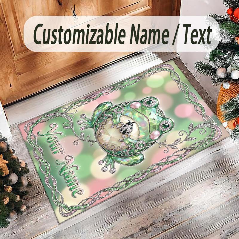 Frog Theme Crystal Velvet Floor Rug Personalized Custom Name Text Warm Carpet Home Decoration