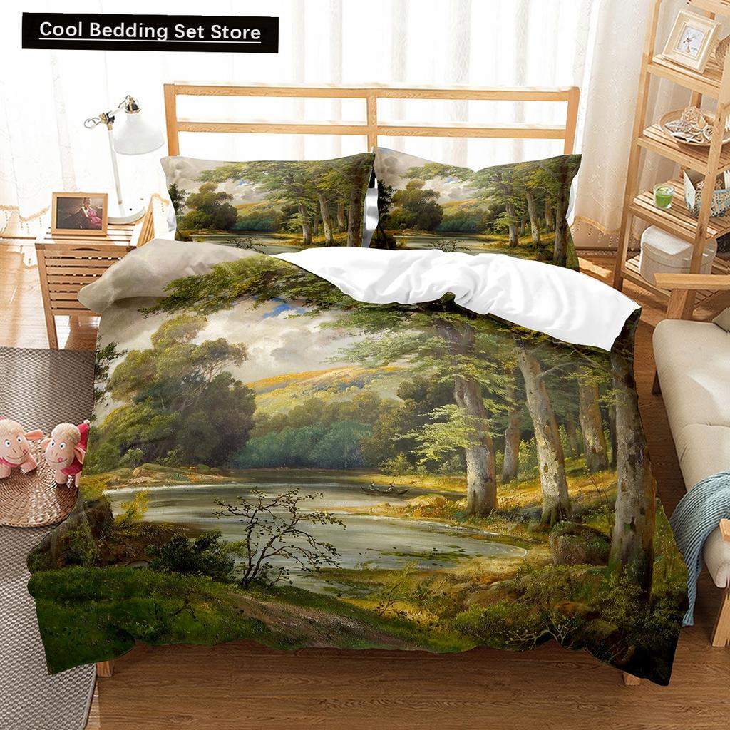 Oil Painting Landscape King Queen Duvet Cover Eiffel Tower Bedding Set Natural Scenery Quilt Cover Polyester Comforter Cover