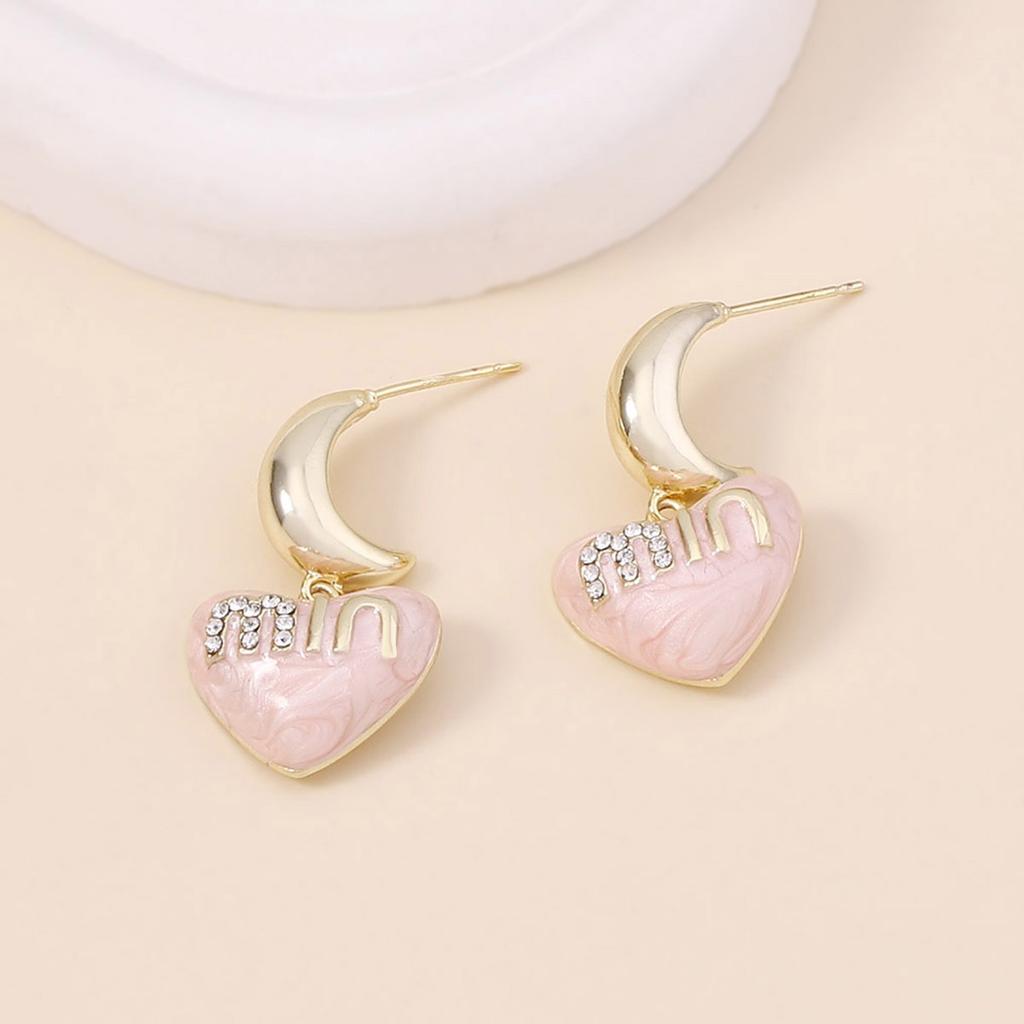 French gentle pink MIN letter crescent moon inlaid zircon love earrings Elegant, smart and simple and versatile earrings