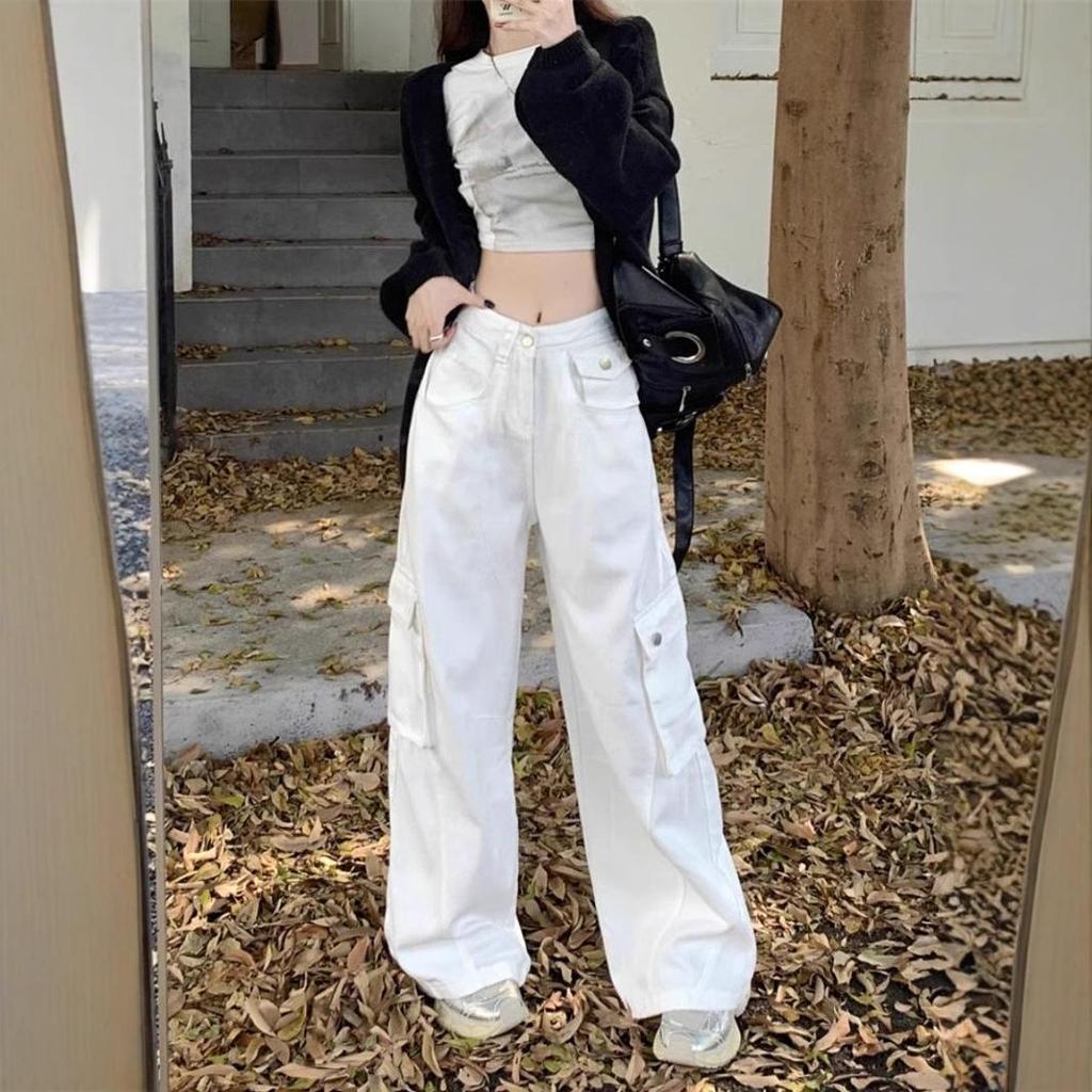 Women's High-Waist White Cargo Jeans with Wide Legs - Autumn Collection