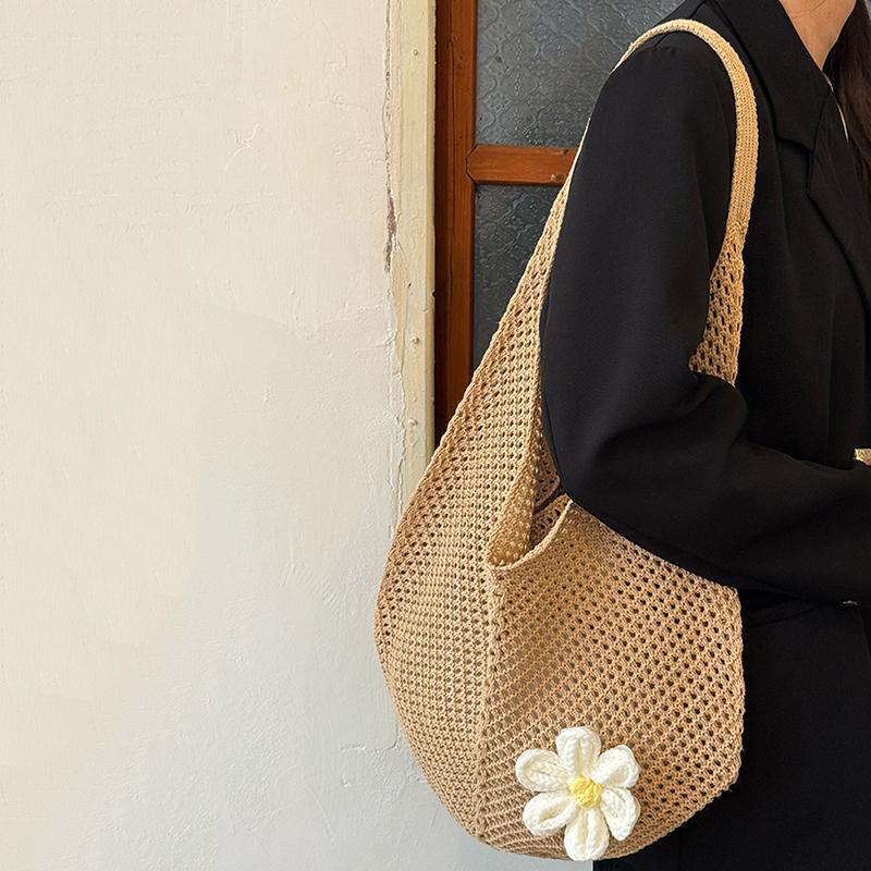 Women's Casual Hollow Out Wicker Woven Ladies Handmade Totes Bag Large Capacity Summer Beach Floral Decor Female's Shoulder Bag