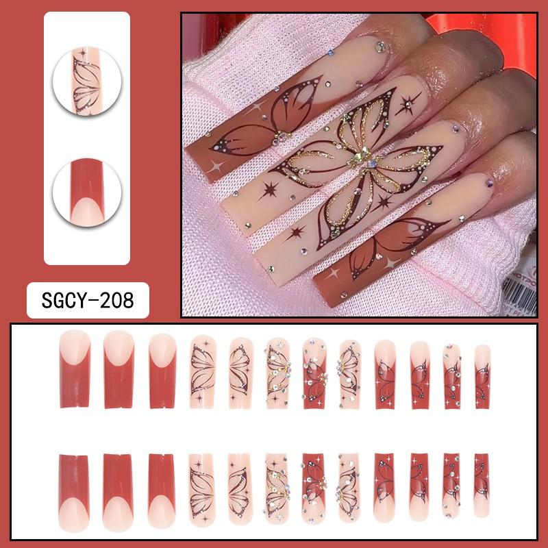 Long French Style Butterfly Nail Tips With Glitter Rhinestones - Press-On Nails Women Gel Adhesive Jelly Glue Options