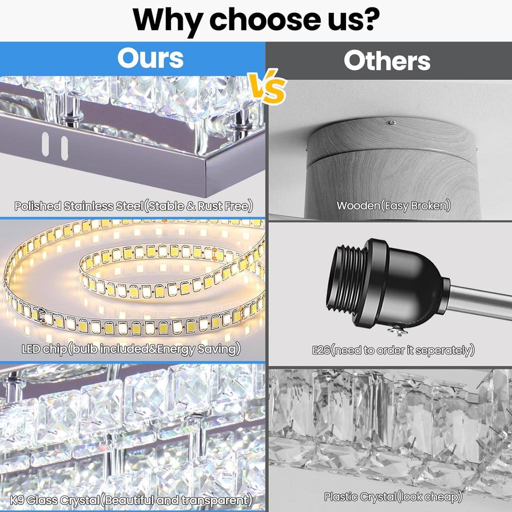 Modern Crystal LED Ceiling Light 50 cm Flush Mount Chandelier 3-Tier Stainless Steel Ceiling Lights 6500K Cool White