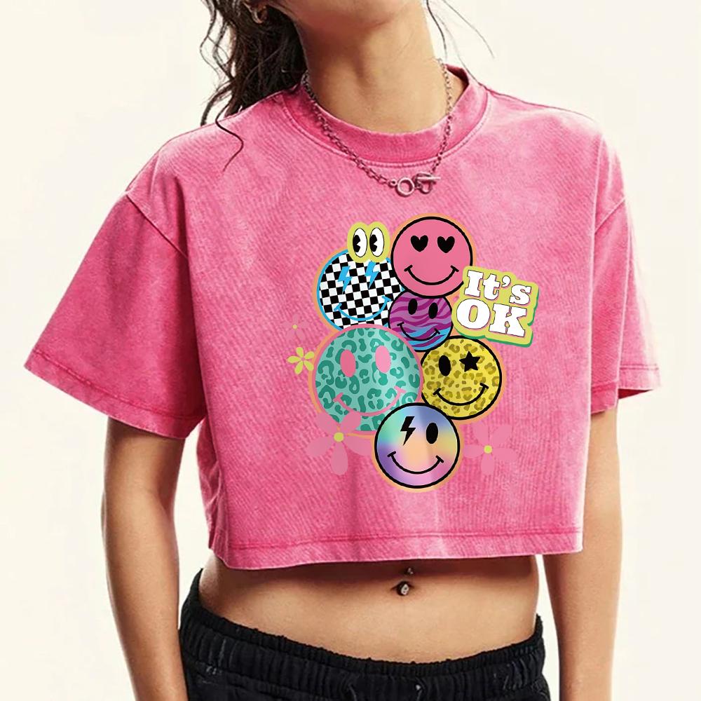 Всё в порядке Счастливое лицо Цветочный принт Выстиранная укороченная футболка Женская мода Хлопковые футболки Многоцветная Повседневная одежда Топы