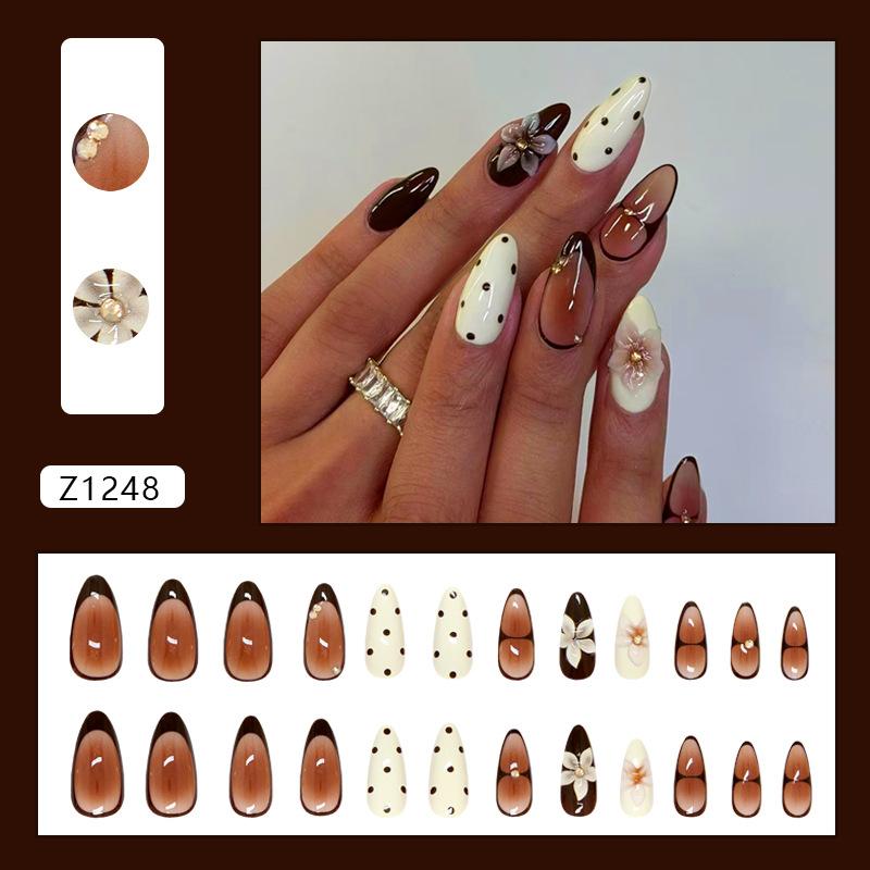 Three-dimensional Lily Red Chestnut Cheese Blush Polka Dot Flash Diamond Temperament ins Wind Removable Nail Art Tablets 24 pieces