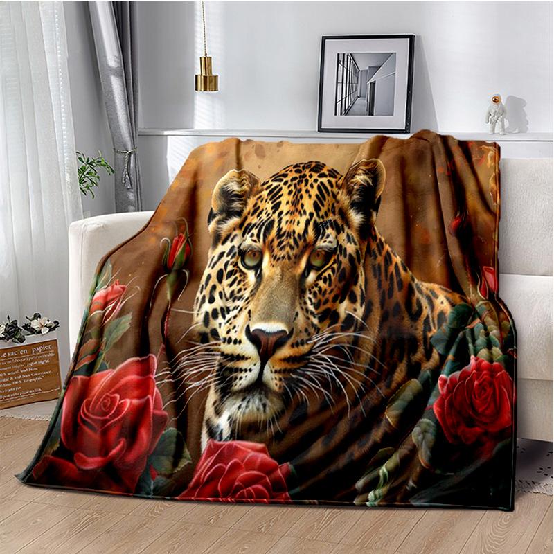 Plush Fleece Beast Animal Roses and Leopard Cheetah Throw Blanket Home Bedroom Bed Sofa Picnic Travel Cover Kid Soft Blanket