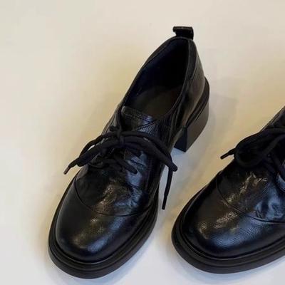 Стрит-стайл~ Британские ретро кожаные лоферы на шнуровке с круглым носком, универсальные для работы, на толстом каблуке, маленькие кожаные туфли, женские туфли-лодочки, женские