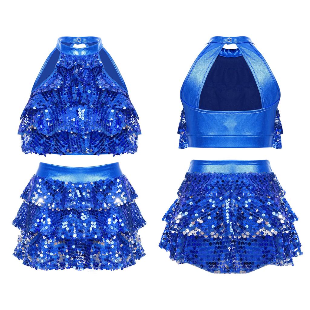 Детское платье без рукавов с вырезом на спине и блестками для джазовых латинских танцев, укороченный топ с лямкой на бретельках и юбкой, танцевальный наряд