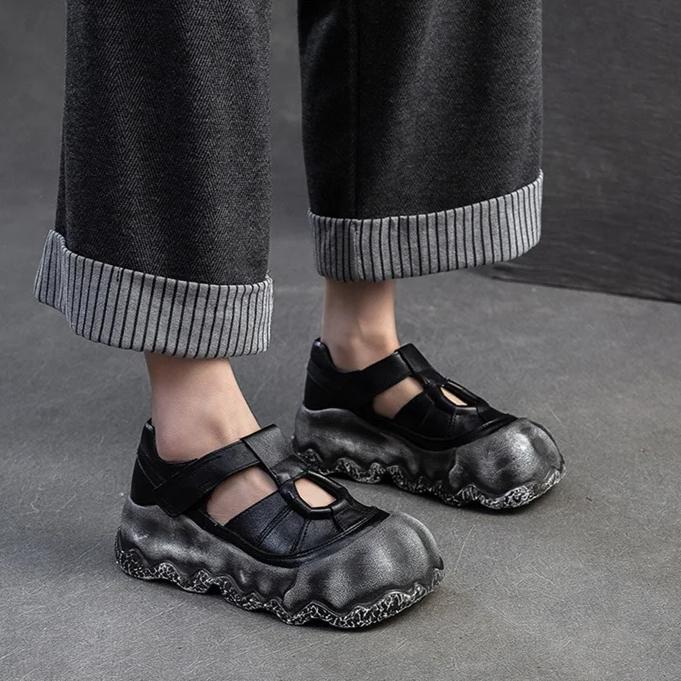 Johnature Thick Soled Retro Anti Slip Women's Flat Shoes Genuine Leather Versatile Roman Sandals