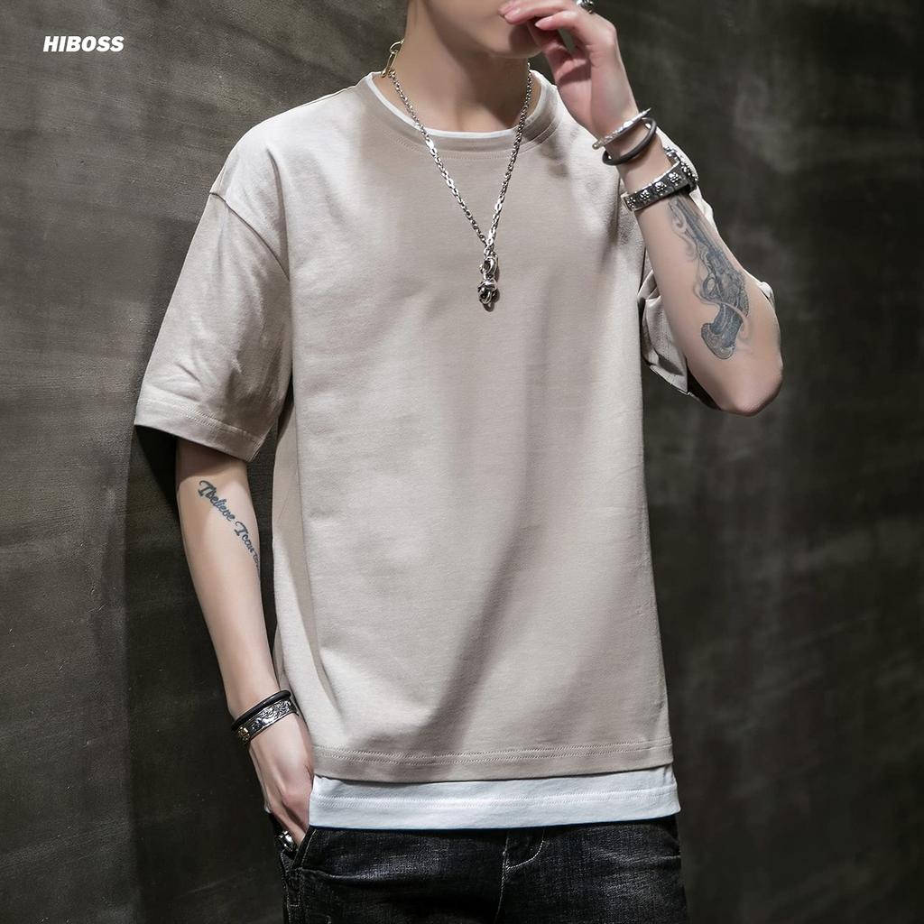 Короткая многослойная большая летняя футболка цвета хаки M [Hiboss] мужская, рукав, однотонная, стиль, размер, свободная, рукав, мужская одежда,