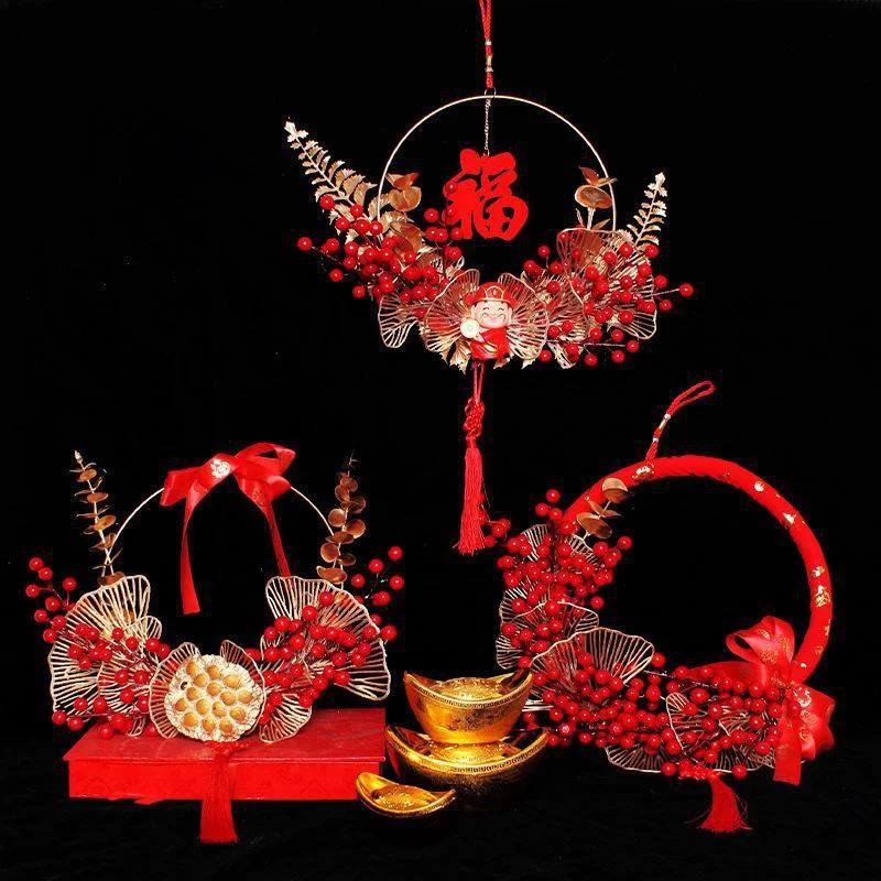 Chinese Style Red Berries Craft Ring Exquisite Lotus Model Wreath Red Berry Wreath God of Wealth Iron Ring for Wedding New Year