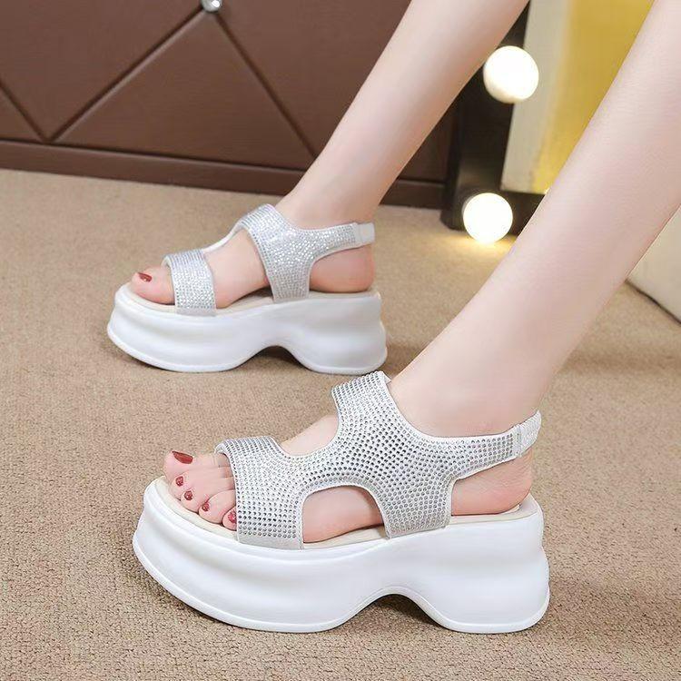 New Thick-soled Women's Sandals Women's Summer Stepping On Shit Feeling Versatile and Not Tired Feet Muffin Bottom Rhinestone Roman Shoes
