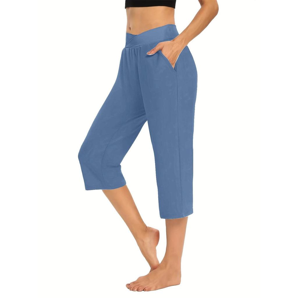Women  Elastic High Waist 3/4 Pant Casual Active  Fit Wide Capris Leg Pants Trousers With Pockets